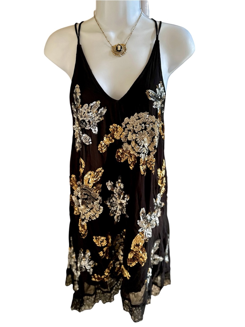Free People Black Backless Slip Dress with Gold and Silver Floral Sequins - XS
